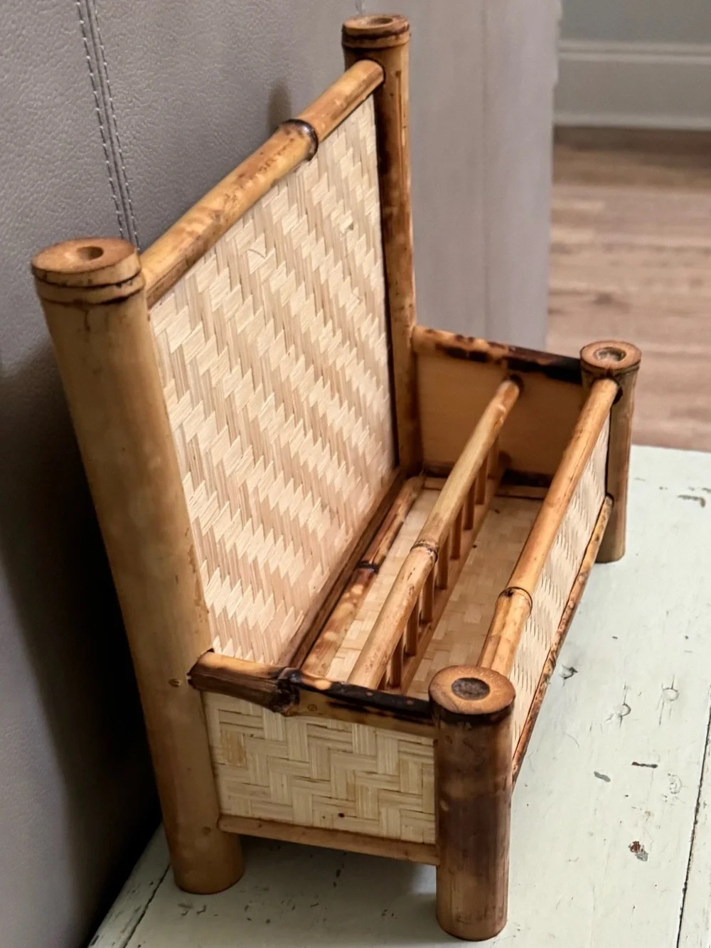 Vintage Burnt Tortoise/Tiger Bamboo Woven Rattan Bench Boho Mail Holder